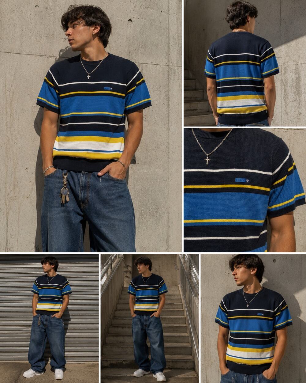 Vintage ENYCE Knit Tee Y2K Blue Yellow Striped Hip Hop Streetwear Shirt Men’s M
